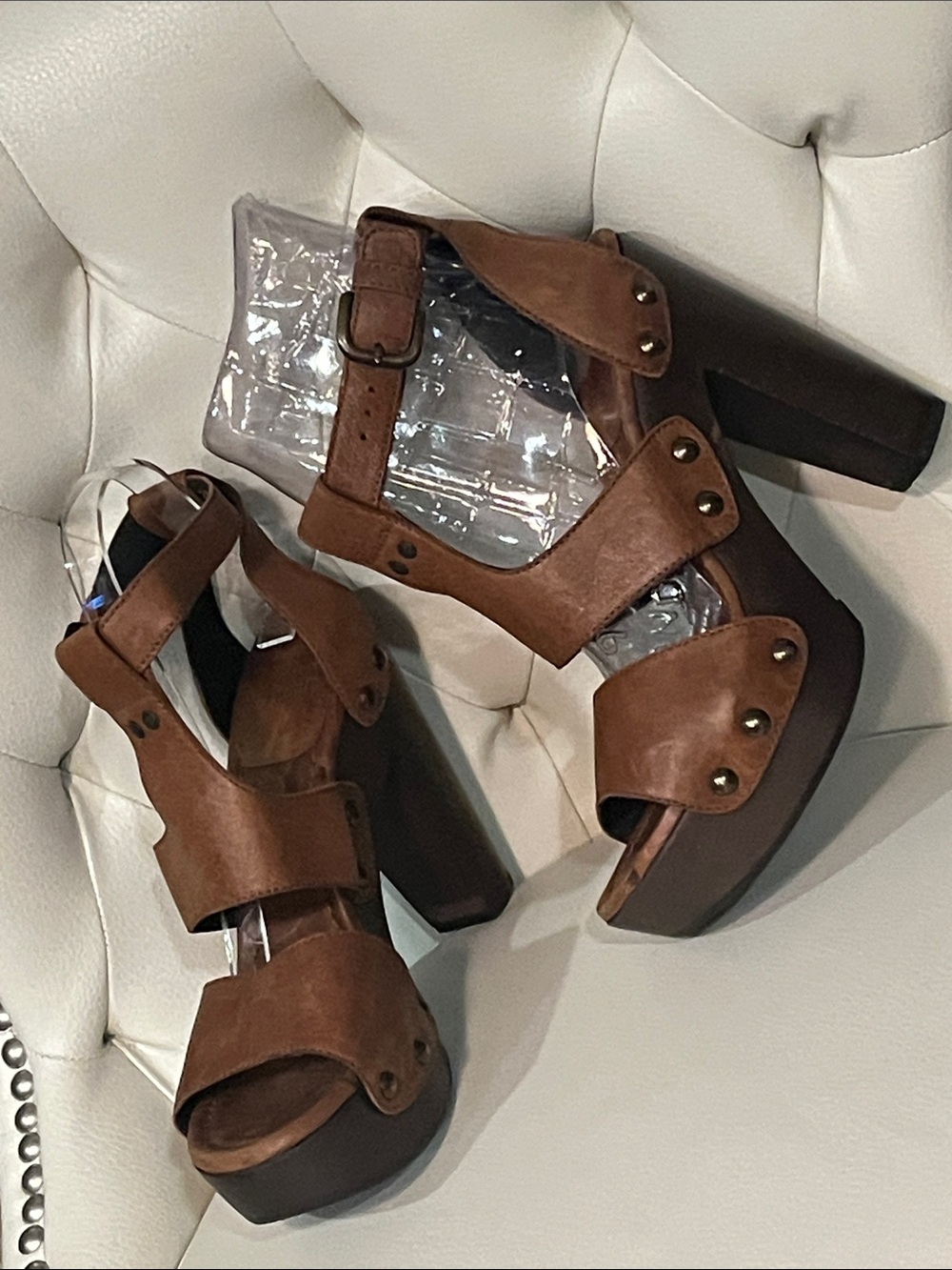 Stuart Weitzman Brown Leather Platform Block Heel Sandals